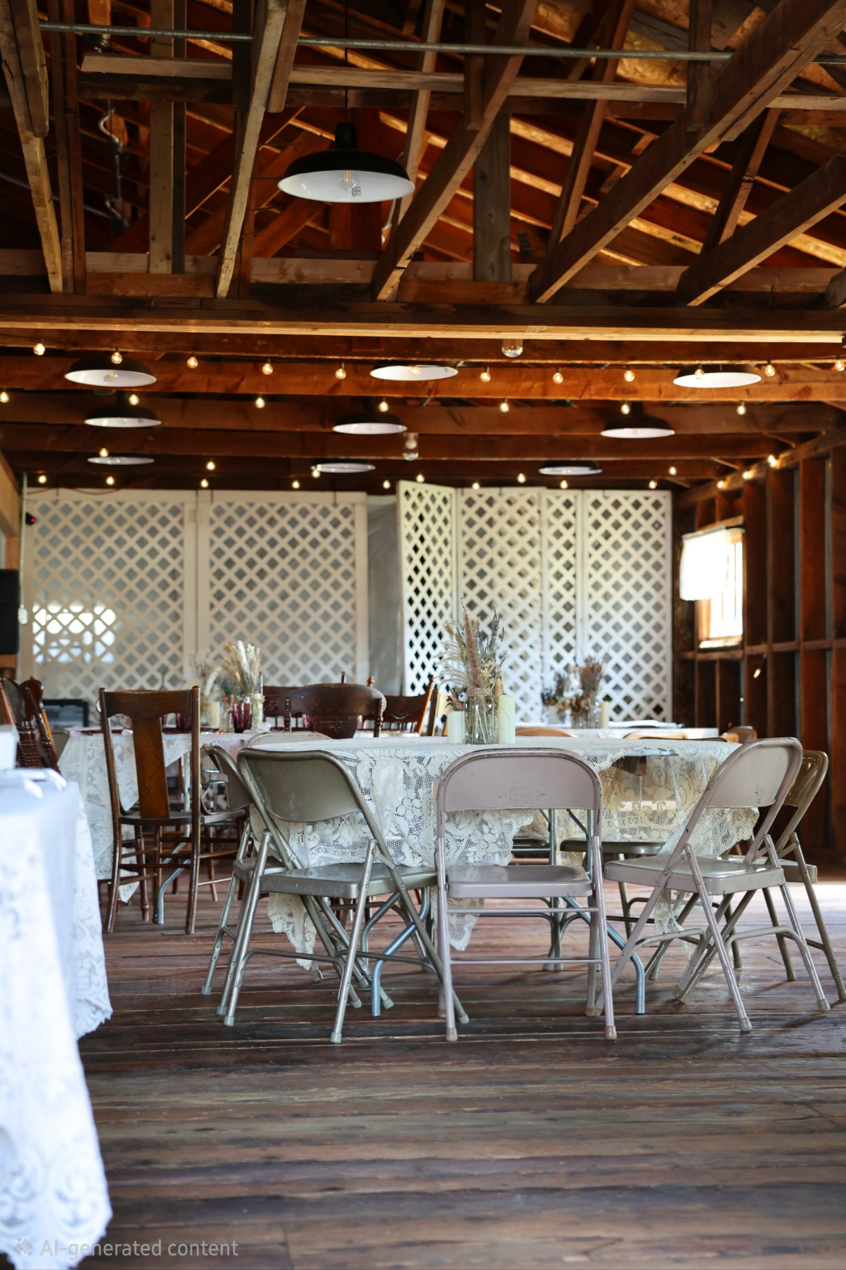 Interior view of Grange Station with restored hardwood, open rafters, and warm venue character.